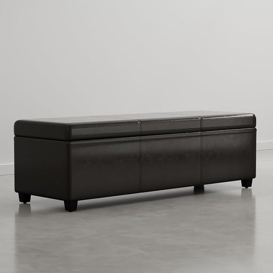 SIMPLIHOME Avalon Extra Large Storage Ottoman Bench - 54 inch Wide Upholstered Vegan Leather Rectangular Lift-Top Ottoman in Dark Clove Brown, Contemporary Bench for Living Room with Hidden Storage