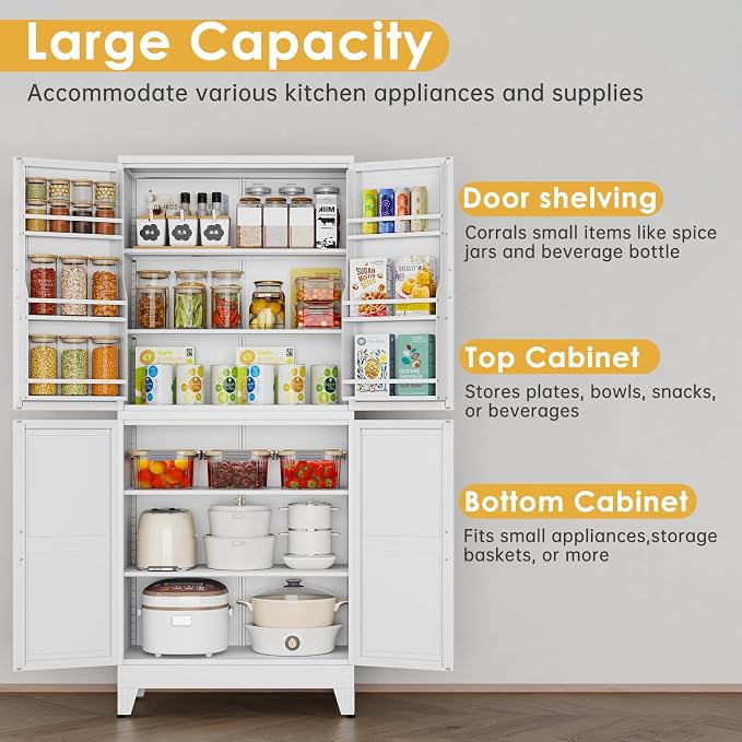 75" Tall Metal Kitchen Pantry Storage Cabinet, Freestanding Cupboard Storage Cabinet with 4 Doors and 4 Adjustable Shelves, Large Stand Up Food Cupboard for Dinning Room, Bathroom, White