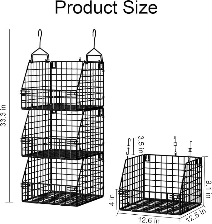 PUPPYCUTE Larger & Deeper Hanging Storage Basket, Closet Organizers and Storage, Hanging Shelves Wire Baskets for Clothing Sweaters Purse Handbags Shoes Black 3 Tier