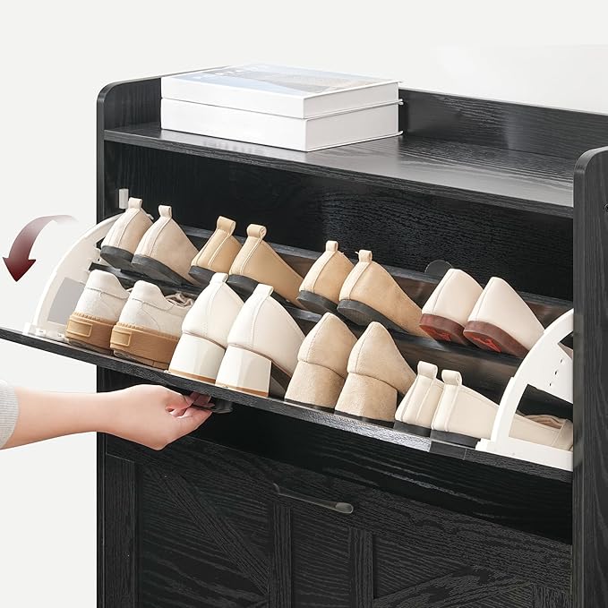 MAHANCRIS Shoe Storage Cabinet, Shoe Organizer with 2 Flip Drawers, Hidden Shoe Storage for Entryway, Freestanding Shoe Cabinet Organizer with Open Storages, Black SHHB9401