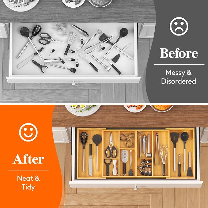 Lifewit Expandable Utensil Organizer for Kitchen Drawer, Cutlery Holder | Adjustable Cooking Silverware Tray, Bamboo Flatware Spatula Tools Gadgets Storage Divider, 21-36 x 16", Natural