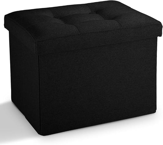 LINMAGCO Small Storage Ottoman Stool Foot Rest Stool Under Desk Stool Short Folding Ottoman Linen Cloth Black 17X13X13IN