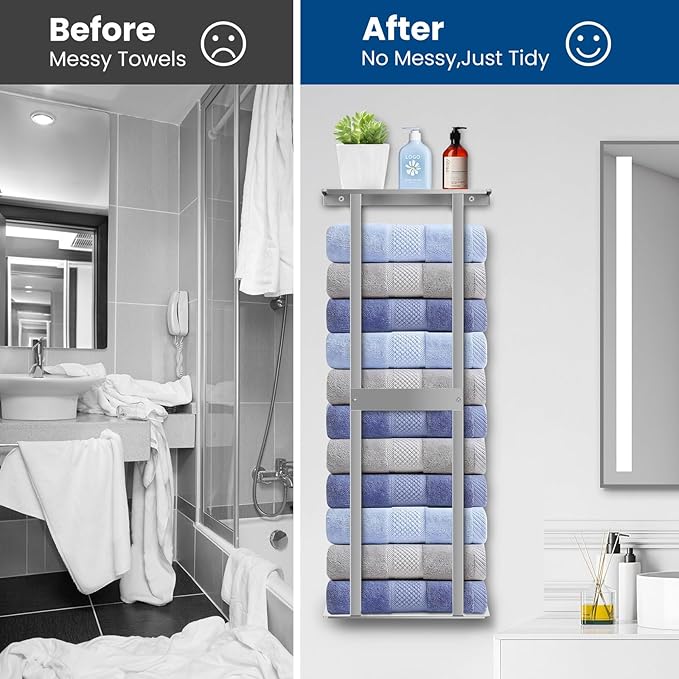 Bathroom Towel Storage Rack, Wall Mounted Bathroom Towel Rack, 30 inch Heavy Duty 6 Large Towels, Wall Mounted Towel Rack for Rolled Towels, Silver