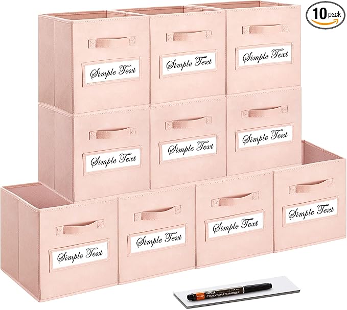 11 Inch Storage Cube,Storage bin,cube storage (Set of 10) Foldable Fabric Cube Storage Bins with 10 Labels Window Cards & a Pen,Baskets Containers for Shelves,Closet Organizers Box,Pink