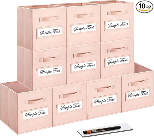 11 Inch Storage Cube,Storage bin,cube storage (Set of 10) Foldable Fabric Cube Storage Bins with 10 Labels Window Cards & a Pen,Baskets Containers for Shelves,Closet Organizers Box,Pink