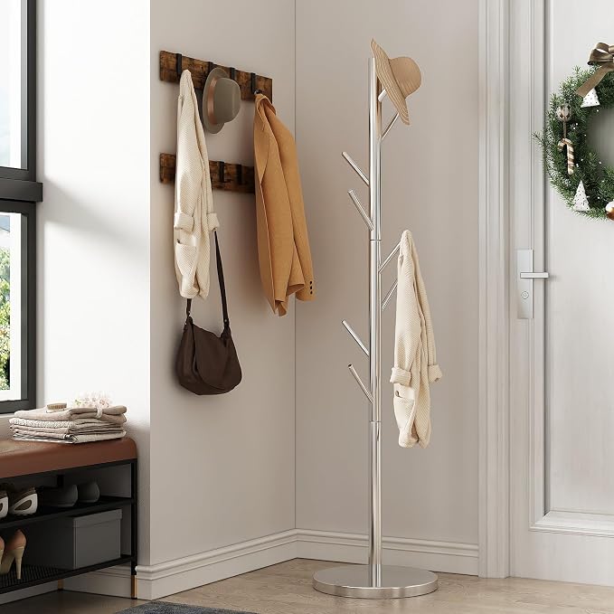Coat Rack Freestanding Metal Coat Rack Stand with 8 Hooks,Silver | Sturdy Heavy Duty Modern Coats Tree for Bags Clothes Hall Tree Hats Hanger Holder Stand for Entryway Bedroom Hallway Office