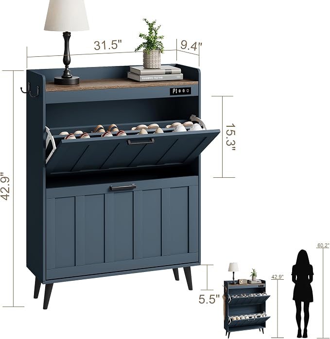 ChooChoo Shoe Storage Cabinet with 2 Flip Drawers and Deodorizer | Shoe Organizer Storage for Entryway, Freestanding Hidden Slim Narrow Shoe Rack Cabinet, Blue