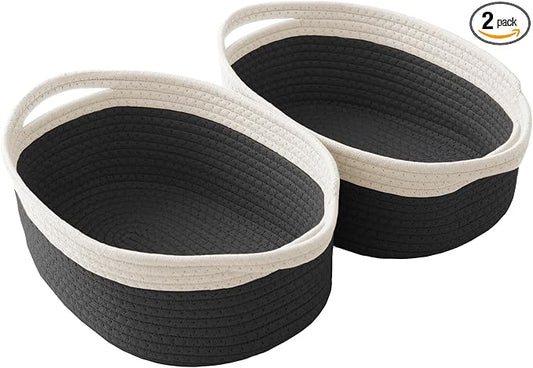 JMvicyroam Small Woven Basket, Empty Gift Basket, White&Black/2 Pack | Small Gift Basket, Cotton Rope, 12 x 8 x 61 in, Handles, Includes Ribbon and Bag, Birthday Gift Basket