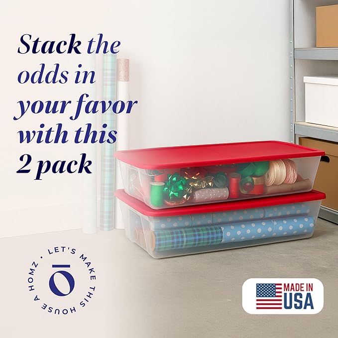 HOMZ Holiday Plastic Storage Container, 41 Quart, Red, 2 Count