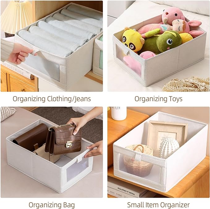 Pradnel Linen Closet Organizers And Storage, 4 Pack Storage Bins Baskets for Organization Foldable Organizer with Clear Window Organizing Clothing, Jeans, Shelves