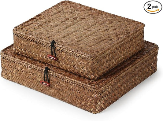 YANGQIHOME Set of 2 Seagrass Baskets with Lids, Rectangular Woven Storage Baskets, Natural Wicker Basket Boxes for Coffee Table, Shelf, Bathroom Counter & Closet Decor (Coffee, Set of 2)