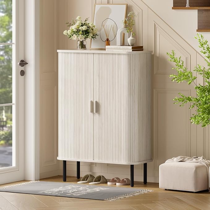 ONBRILL 6-Tier Shoe Cabinet with Sliding Door, Wooden Shoe Storage Cabinet with Adjustable Shelves, Mid-Century Modern Freestanding Shoe Storage Organizer for Entryway, Living Room, Hallway