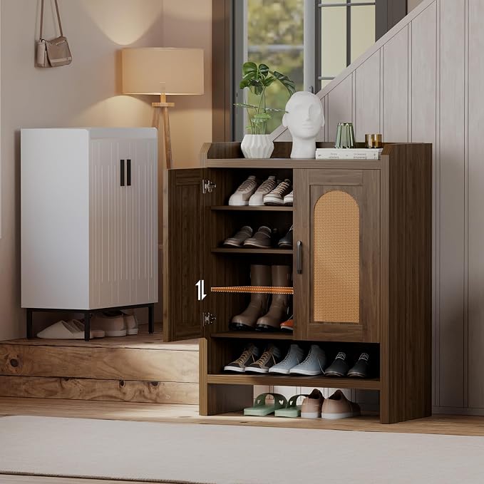 6-Tier Shoe Cabinet Storage for Entryway, Rattan Shoes Organizer Cabinets with Doors, Wooden Shoe Rack, Farmhouse Boho Wood Storage Cabinet (Walnut, 6-Tier)