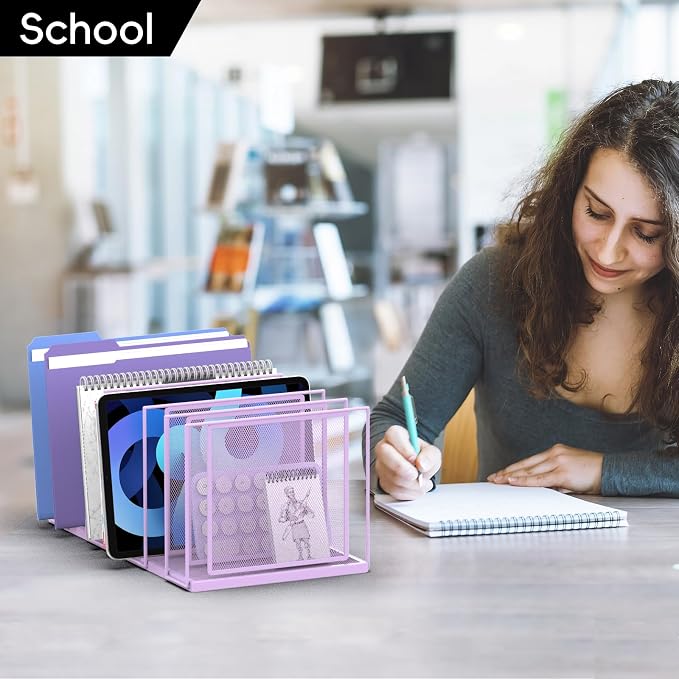File Organizer for Desk, 7-Section Vertical File Sorter, Paper Holder Organizer Standing Metal File Folder for Office Home Classroom, Purple