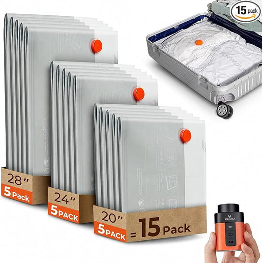 ETENWOLF 15 Combo Vacuum Storage Bags for Travel with Wireless Pump | Vacuum Seal Bags for Clothing Travel, Compression Packing Bags for Clothes and Blankets, Space Saver Bags in Carry-On Sizes