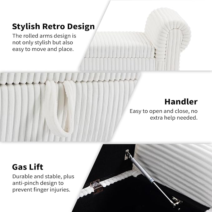60" Corduroy Storage Bench, Queen End of Bed, White | Corduroy Upholstered, Bedroom/Entryway/Closet, Storage Ottoman Bench, Window Seat, Lift-Top, Tufted Button, Solid Wood Legs.