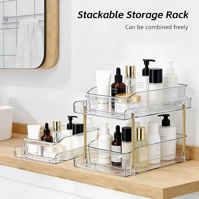 LAREKUN2pack 2-Tier Organizer & Storage Unit Stackable Bathroom Cabinet Organizer Pull-Out Kitchen Pantry Organizer & Storage System Suitable for Countertops, Pantries, Kitchens, Bathrooms