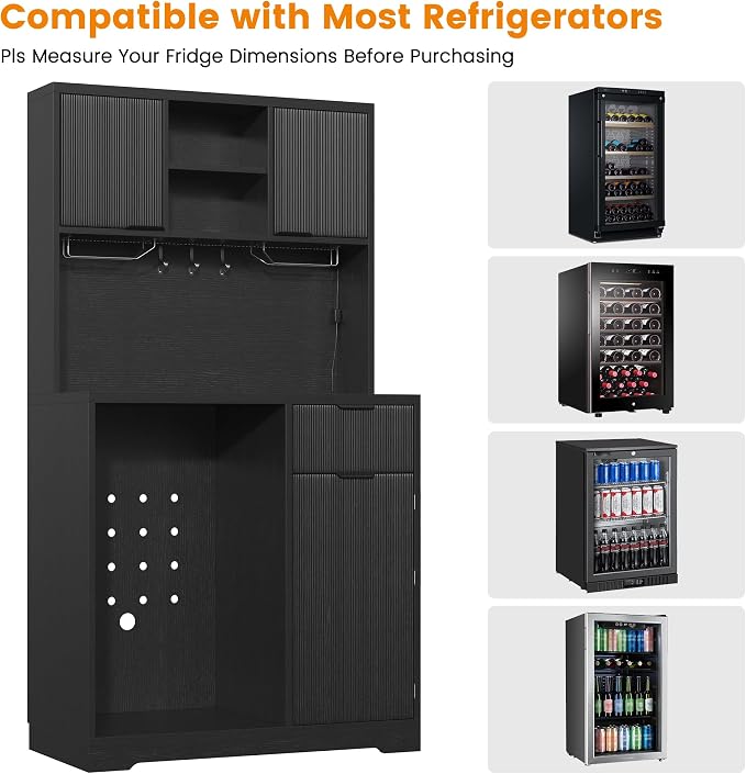 kepptory 72" Mini Fridge Cabinet with Storage, Coffee Bar Cabinet with Mini Fridge, Tall Coffee Bar Station with RGB LED Light, Wine Glass Holder, for Home Kitchen Living Room, Black