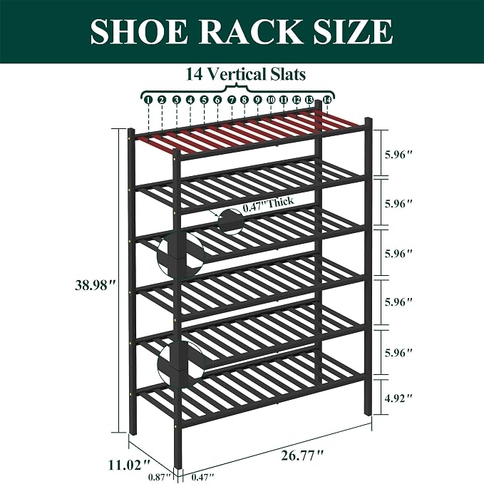 Smiry Bamboo Shoe Rack, 12 Vertical Slats, 6 Tier - 26.8" Wide, Black | Stackable Free Standing Wooden Shoe Organizer, Wood Shoe Storage Shelf for Closet, Entryway