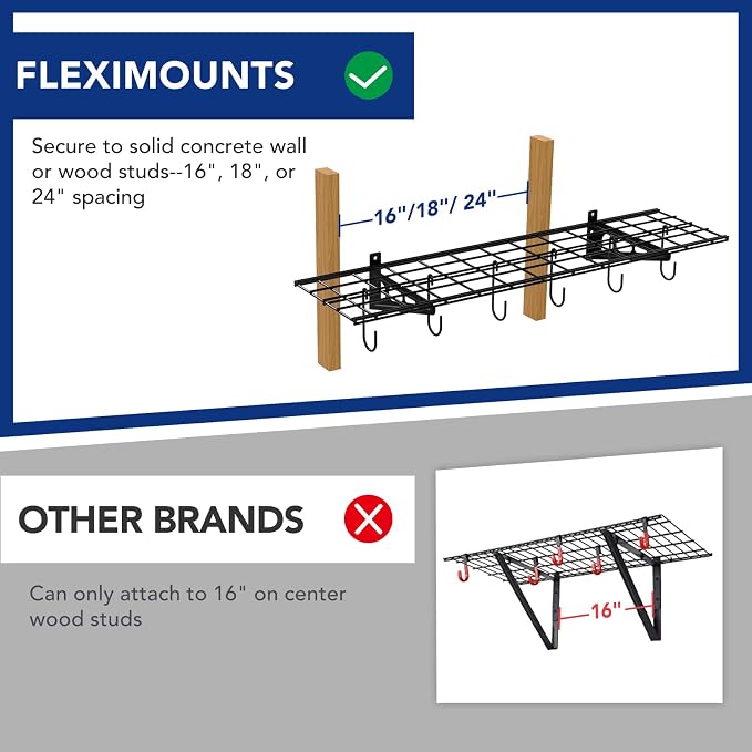 FLEXIMOUNTS 1-Pack 1x4 ft Garage Wall Shelving, Include 6 Bike Hooks, Black | Wall Shelf Garage Organization System w/Bike Hangers, Storage Rack, Floating Shelves, 150 lbs Weight Capacity, Classic Series