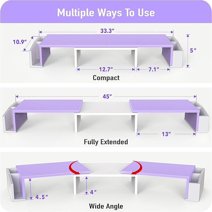 Simple Houseware Desk Dual Monitor Stand Riser with Drawer, Purple | Customizable Organizer Tray, Built-In Phone & Tablet Slot and Side Storage