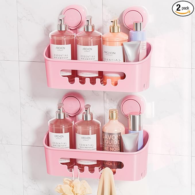 LEVERLOC Shower Caddy Suction Cup,Shower Organizer Bathroom Shelf,Pink 2pcs