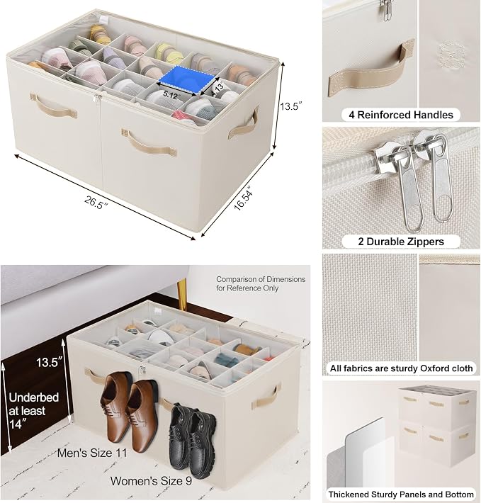 Shoe Organizer for Closet 2 Pack, Foldable Shoe Box with Adjustable Divider and Clear Cover, Space Saving Shoe Storage Organizer Cabinet with Reinforced Handles, Fits 40 Pair, Beige, TP11Y