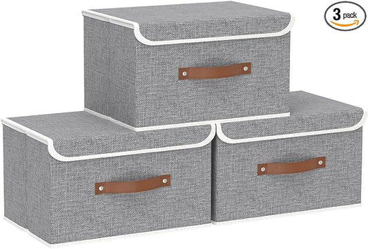 Yawinhe Collapsible Storage Bins,Grey,13.0x9.0x7.9in,3-Pack | Fabric Storage Box with Lids, Washable Cube Organizer Basket; Fabric Container with Leather Handle,Closet Organizer for Home