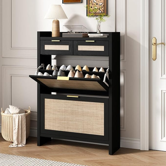 HOKYHOKY Rattan Shoe Storage Cabinet with 2 Drawers & 2 Flip Drawers | Hidden Slim Shoe Organizer, Farmhouse Boho Narrow Shoe Rack, Large Tabletop Space, Entryway, Rustic Black