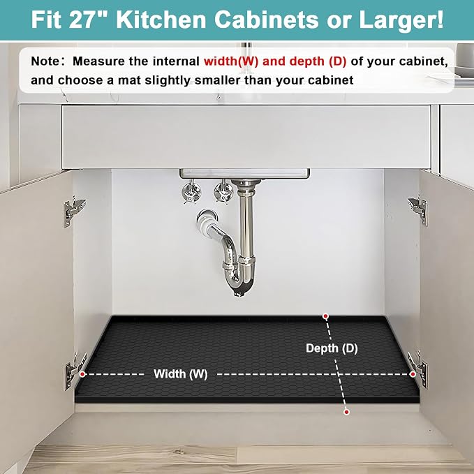 Silicone Under Sink Mat 25 x 19, Waterproof Under The Sink Mats for Kitchen, Under Kitchen Sink Mats and Protectors, Under Bathroom Sink Mat, Cabinet Liner Shelf Liner Black
