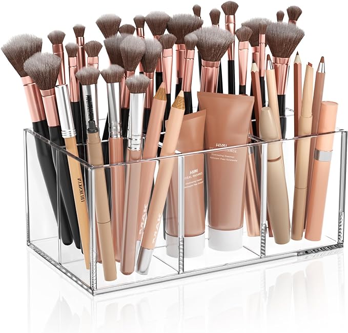 Clear Makeup Brush Holder Organizer Acrylic 6-Slots Cosmetic Brushes Storage Organizer for Vanity Countertop