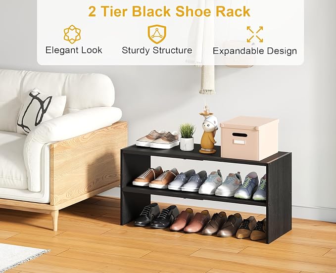 Black Shoe Rack Organizer for Closet, 2-Tier Expandable Shoe Shelf, Stackable Iron Wood Combination Small Shoe Racks Shelves for Closets, Entryway,Small Space,Hallway,Garage,6-12 Pairs