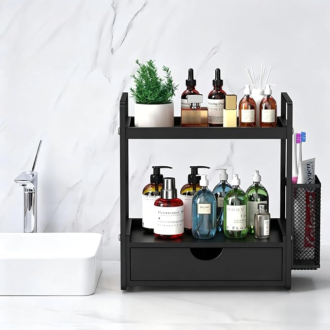 Bathroom Counter Organizer with Basket, Bathroom Organizers and Storage,Skincare Organizers for Vanity,Storage Organizers for Bathroom, Kitchen, Dresser (Black with Drawer)