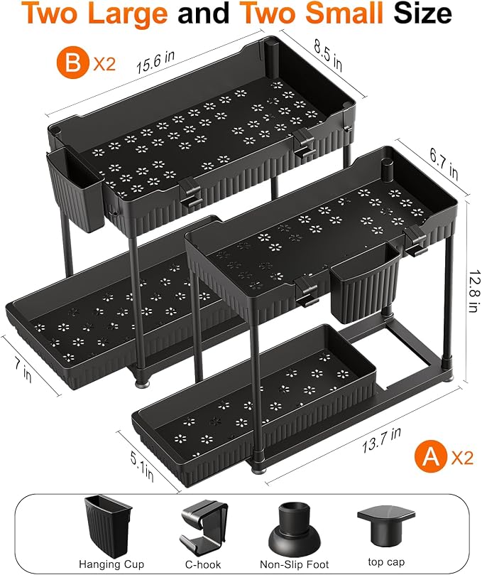 Sevenblue 4-Pack 2-Tier Under Sink Organizer with Pull Out Drawers | Multi-use kitchen & bathroom storage. Includes hanging hooks and cups. Black, space-saving cabinet design.