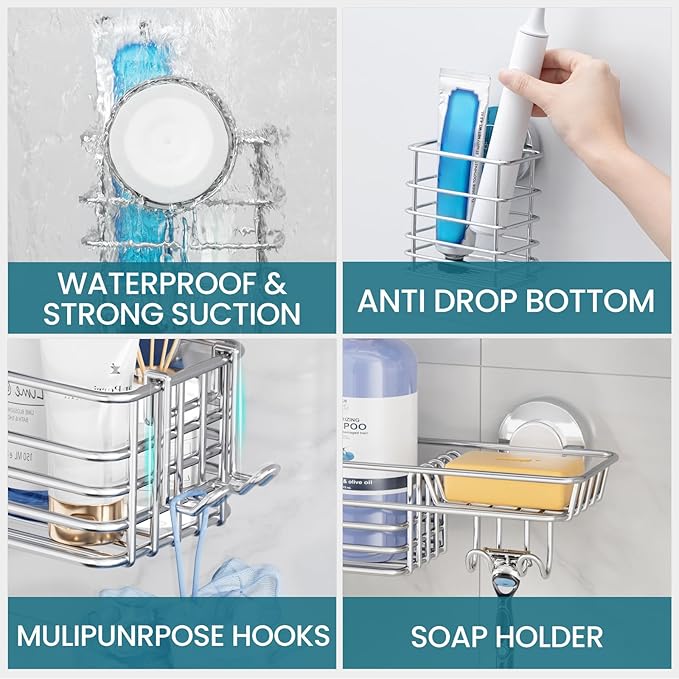 TAILI Shower Caddy Suction Cup, 3 Pack Shelves for Inside with Hooks & Soap Holder Toothbrush Cups, Removable Bathroom Organizer, Rustproof Silver Storage-Silver