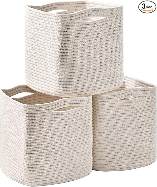 ICERZCZ 11 Inch Cube Storage Bins, Organizer Bins, Woven Cotton Rope Baskets for Storage, Storage Baskets for Organizing Shelves, White Basket for Toys, Off White (Pack of 3)