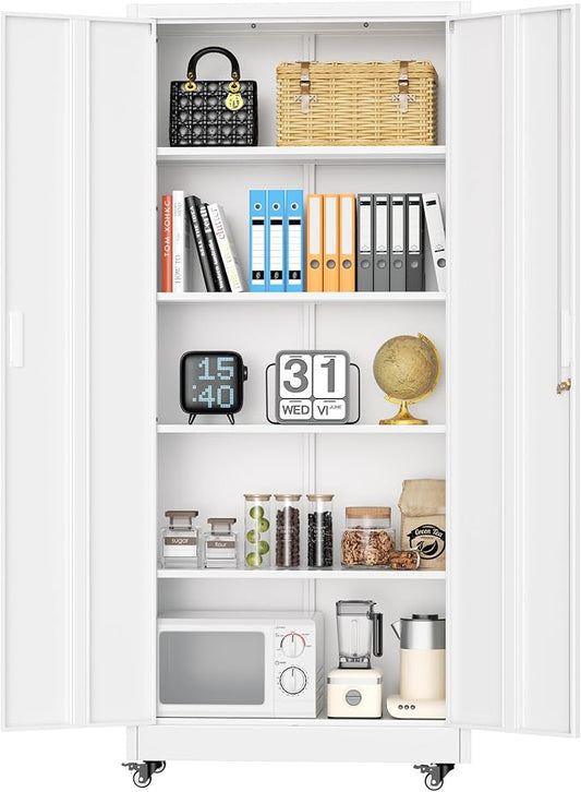 INTERGREAT Metal Garage Storage Cabinet with Wheels, Rolling Storage Cabinet with Locking Doors and 4 Adjustable Shelves,- 73" Steel Tool Cabinet for Home Office,Garage,Warehouse，White