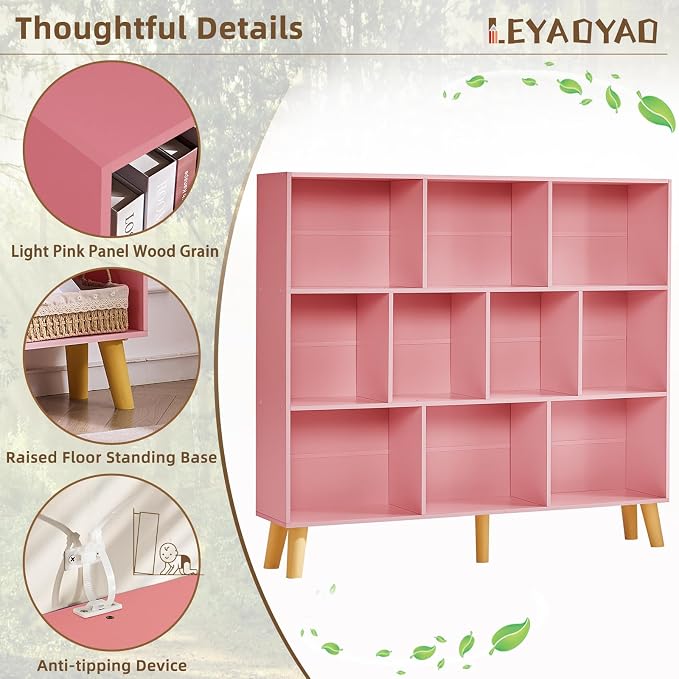 LEYAOYAO 10 Cube Bookshelf,Mid-Century Modern Bookcase with Legs,Light Pink | 3 Tier Book Shelf,Rustic Wood Bookshelves Freestanding Large Storage Organizer, Open Shelves for Bedroom, Living Room, Office