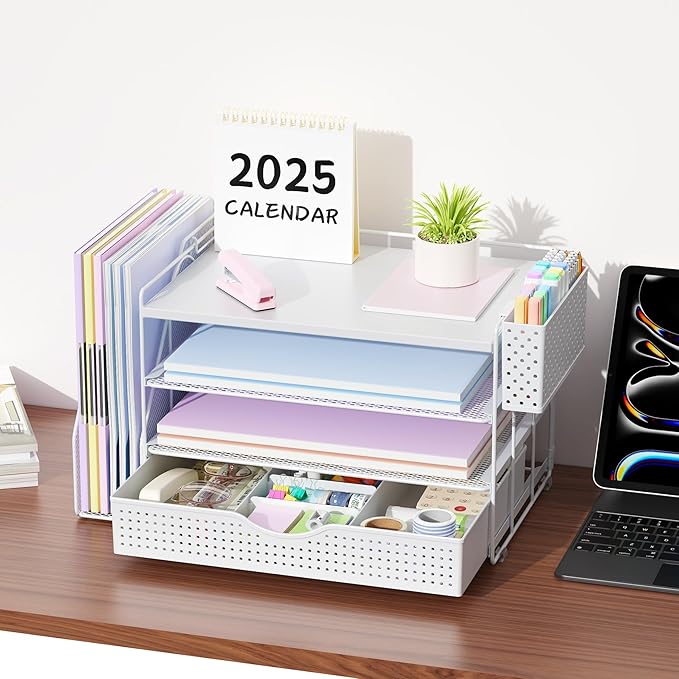 gianotter Wood Desk Organizers and Accessories with File Holder, 4-Tier Desk Accessories & Workspace Organizers with Drawer and Pen Holder, Desk Reference Organizer (White, 4T with Drawer)