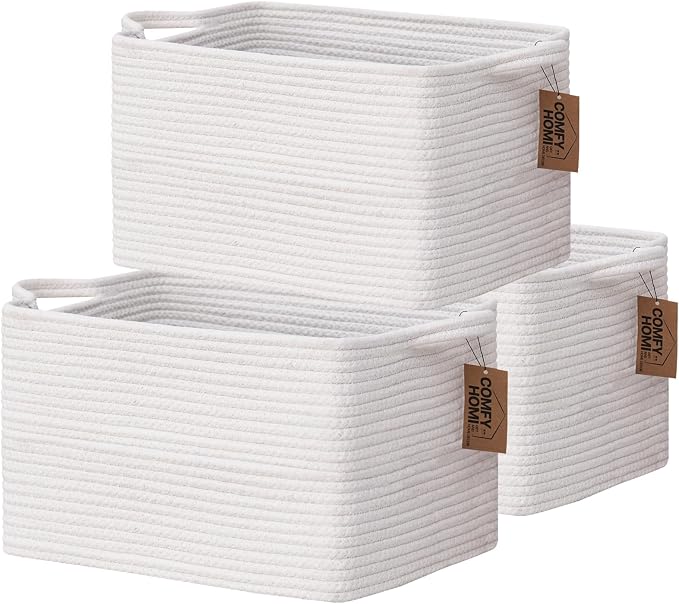 COMFY-HOMI 3PACK Cotton Rope Square Basket with Handles for Shelves| Storage|Baby Basket for GIF|Shoe Basket for Organizing|New13.5" x 11" x 9.5" for Living Room