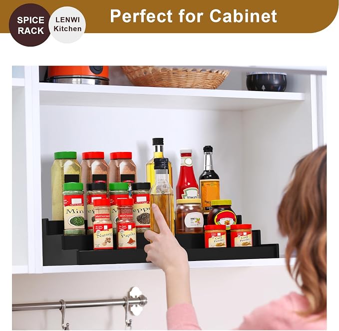 Lenwi Spice Rack Organizer for Cabinet, 3 Tier Expandable Bamboo Spice Storage for Kitchen Cupboard Pantry, Black