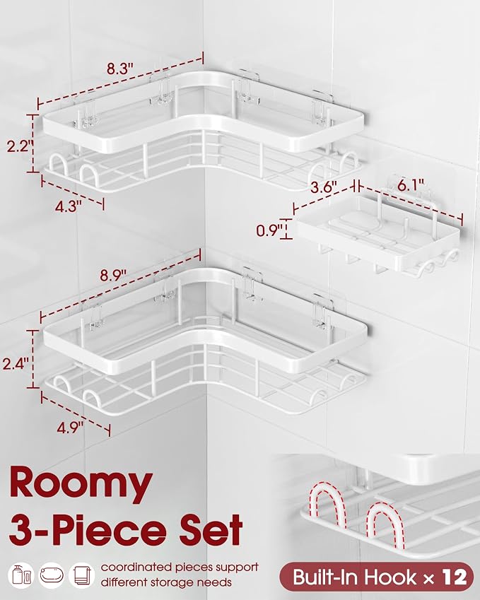 Sakugi Corner Shower Caddy - 3-Pack Shower Organizer with Soap Holder & Built-In Hooks, Rustproof Metal Shower Shelves, Laundry, Kitchen, Bathroom Organizers and Storage Solution, Large, White