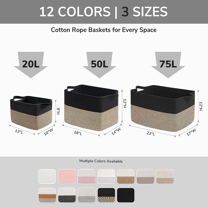 Goodpick Extra Large Rectangle Woven Storage Basket, Dark Gray | 75L, 22 × 17 × 12 in, Reinforced Handles, Blankets, Toys & Clothes Storage, Living Room, Bedroom & Nursery Organization
