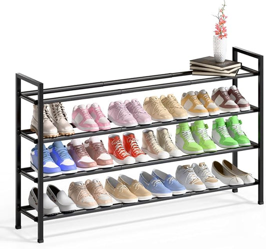 Bumusty 4 Tier Long Expandable Shoe Rack for Closet, Black | 18"-44" Adjustable Shoe Rack for Entryway, Shoe Organizer for Dorm, Front Door, Sturdy Metal