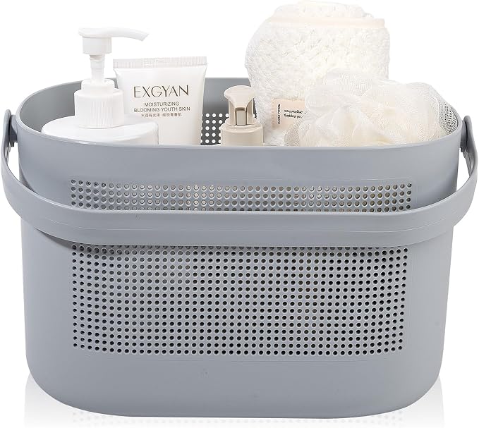 Plastic Portable Shower Caddy Basket, Storage Organizer with Handle, Gray | Bottom Drain Holes, Keep Dry, Sturdy and Durable, Easy to Carry for Bathroom, Kitchen, Dorm Room, RV, College