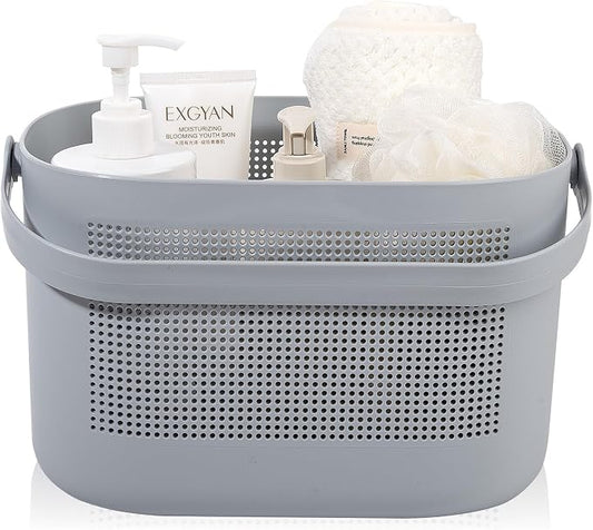 Plastic Portable Shower Caddy Basket, Storage Organizer with Handle, Gray | Bottom Drain Holes, Keep Dry, Sturdy and Durable, Easy to Carry for Bathroom, Kitchen, Dorm Room, RV, College