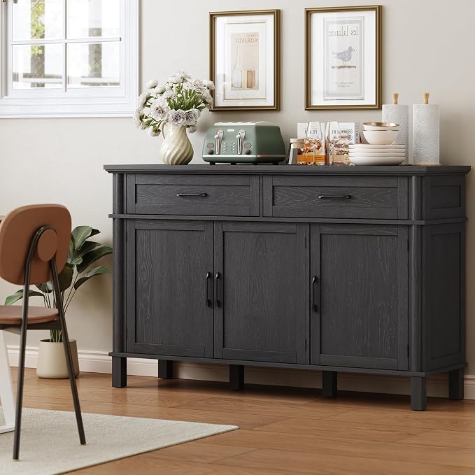 55 Inch Buffet Cabinet with Storage, Farmhouse Sideboard Buffet w/2 Drawers and 3 Doors, Wood Coffee Bar Cabinet with Adjustable Shelves, Sideboard Storage for Kitchen, Living Room, Black
