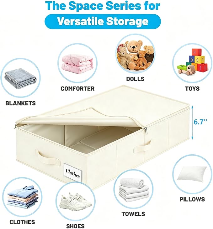 Under Bed Storage Container Bins 2 Pack, Low Profile Foldable Underbed Clothes Storage Organizer W/ Ultra Thick Fabric and Sturdy Bottom/Sides, Dual Zipper Storage Box for Dorm and Home 30x16x6.7"