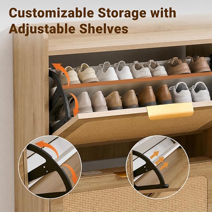 Shoe Cabinet, Rattan Shoe Storage Cabinet for Entryway with Flip Drawers | 3 Flip Drawers, Breathable Rattan, Odor Resistant, Hidden Shoe Organizer, Slim Space Saving, Narrow Cabinet, Entryway Storage