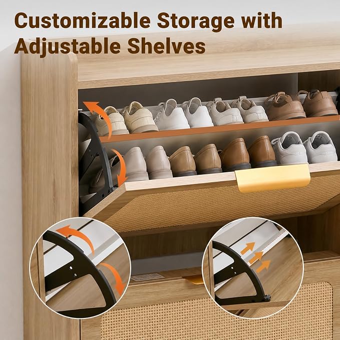 Shoe Cabinet, Rattan Shoe Storage Cabinet for Entryway with Flip Drawers | 4 Flip Drawers, Breathable Rattan, Odor Resistant, Hidden Shoe Organizer, Slim Space Saving, Narrow Cabinet, Entryway Storage